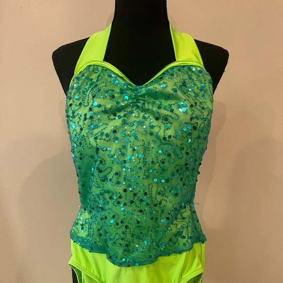 Child Bright green with blue sequin dance costume - Picture 1 of 5